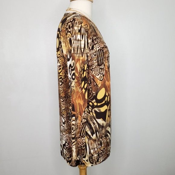 Women With Control Brown Orange Fall Colors Tunic Surplice Faux Wrap Top Size MP - Picture 8 of 15